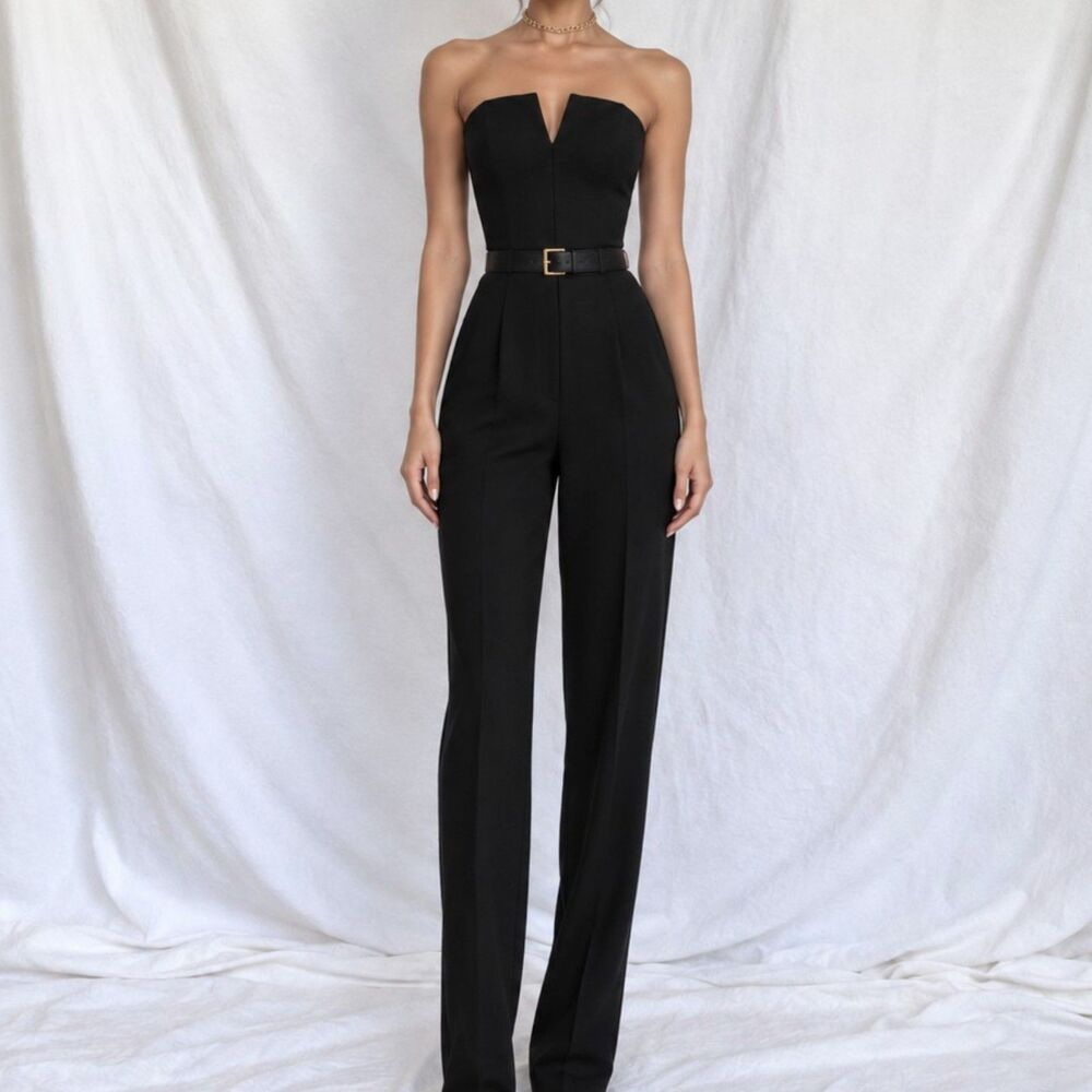 Vintage Y2K 90s Black Strapless Knit Skinny Pants One Piece JumpsuitโSize S/M